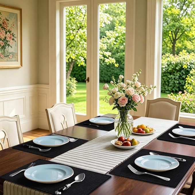 Homaxy Cloths Placemats for Dining Table Set of 6, Heat Resistant Washable Cotton Linen Blend Table Mats, Easy to Clean Place Mats for Indoor Outdoor Party Kitchen Decoration, 13" x 19", Black