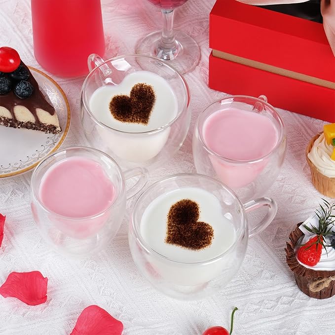 WHJY Double Wall Glass Coffee Mugs，Clear Coffee Cups Clear Unique Coffee Cups Heart Shaped Mug 5 oz Espresso Cups Heart Mugs Set of 2