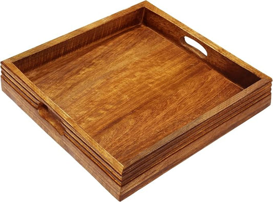 Croft&Cane Solid Wood Serving Tray - 13 x 13 Inch Square Decorative Ottoman Tray - Hand-Carved Ribbed Design - Natural Wood Tray with Handles for Coffee Table, Kitchen, Breakfast & Home Décor
