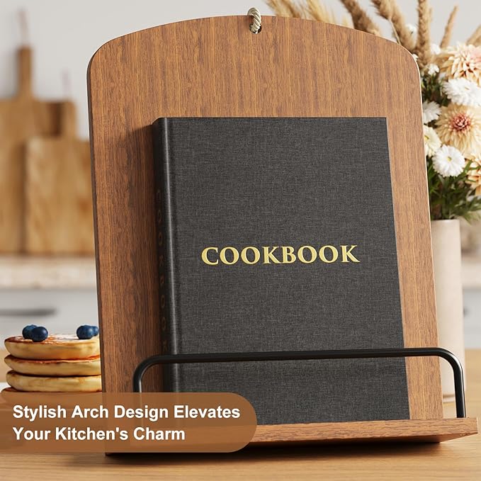 Wooden Cookbook Stand for Kitchen Counter, Rustic Brown Cook Book Stand fits Hanging or Countertop Display, Recipe Book Holder with Adjustable Angle, Wood Cooking Book Stands, Bible Display Holders