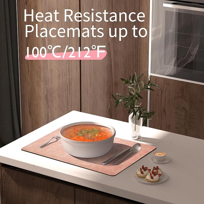 Maxpearl Faux Leather Placemats Set of 6 - Waterproof - Wipe Clean - Heat Resistant - Anti Slip Dining Table Place Mats, Suitable for Indoor & Outdoor Use, 17’’×12’’, Pink