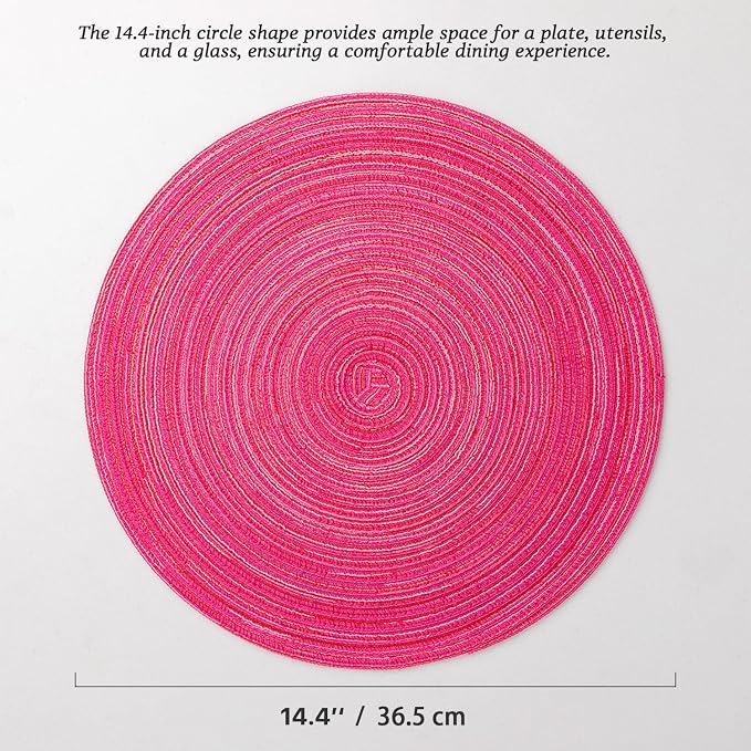 Round Placemats Set of 6 Woven Placemats Washable Braided Table Mats for Dining Table Heat Resistant Non-Slip Circle Place Mats(Pink)