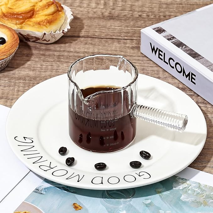 Koythin Glass Measuring Cups, Espresso Shots Cup for Latte Cappuccino, Minimalist Espresso Cups with Double V-Shaped Spout, Ribbed Coffee Bar Accessories with Glass Handle, 3 oz/180 ml (Cylindrical)