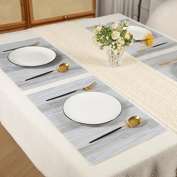 Blue Woven Placemats Set of 6 – Heat Resistant, Waterproof & Easy to Clean – Durable Synthetic Dining Table Mats for Kitchen, Restaurant & Outdoor Use
