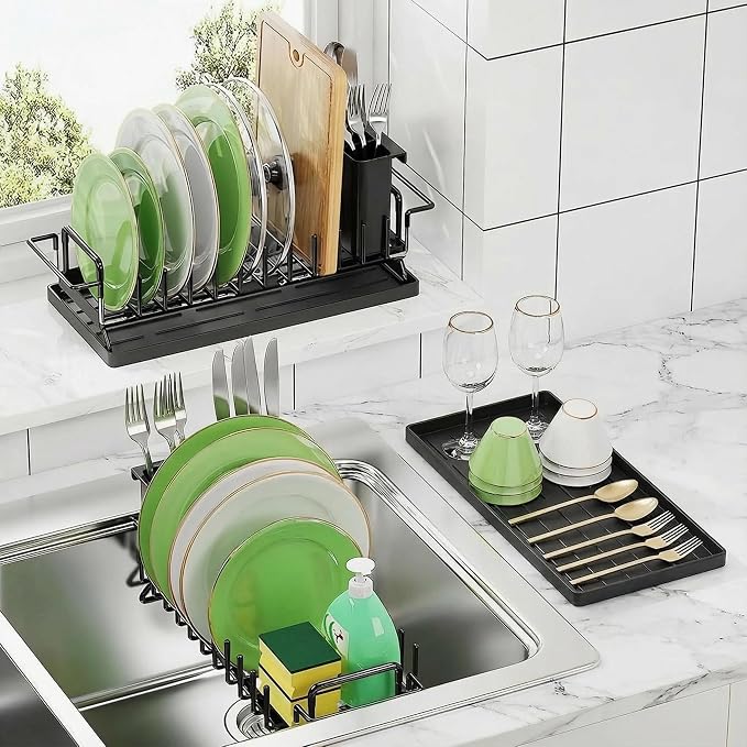 Small Dish Drying Rack in Sink, Expandable Dish Rack Over Sink with Silicone Drying Tray, Rustproof Compact Dish Drainer for Kitchen Counter with Utensil Holder, Fit for 14’’-19.5’’, Black