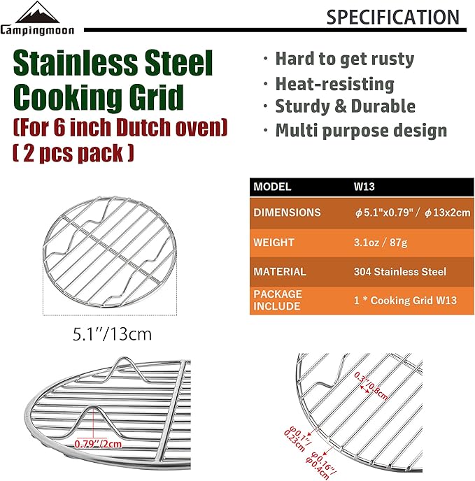 CAMPINGMOON 2pcs Round round cooling rack 304 Stainless Steel Cooking Grid Grill (φ4.9 inches, W13-2P)