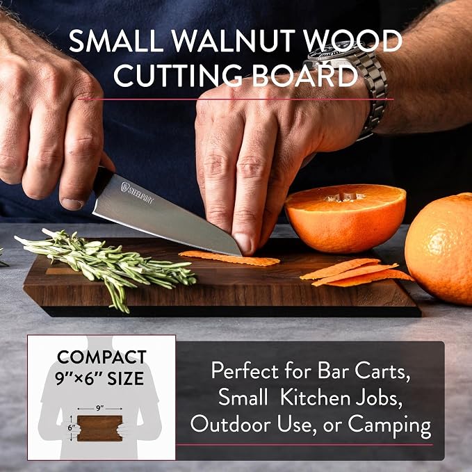 STEELPORT Small Cutting Board 9"x6" - Steel Reinforced, Utlra-thin Butcher Block | Dual Sided - End-grain Walnut Wood, Composite Side | Chopping Board with Juice Groove | USA Made for Home, Chefs