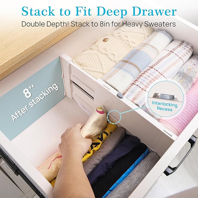Vtopmart Drawer Dividers for Clothes 8 Pack, Adjustable 4" High Expandable from 11.3"-17" Dresser Drawer Organizer, Plastic Drawers Separators for Dresser, Baby Clothes, Kitchen and Office Storage