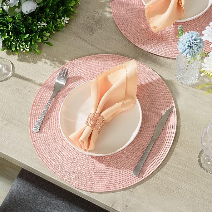 AHHFSMEI Round Placemats Set of 8 Heat Resistant Washable Non-Slip Woven Braided Table Mats for Dining Table Kitchen & Home Decor (Pink,8)