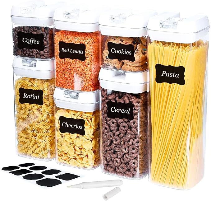 Airtight Food Storage Container Set, 7 Pieces Clear plastic cereal Canisters, easy lock Lids, kitchen pantry organization and storage, BPA free plastic, Included 24 labels & Marker