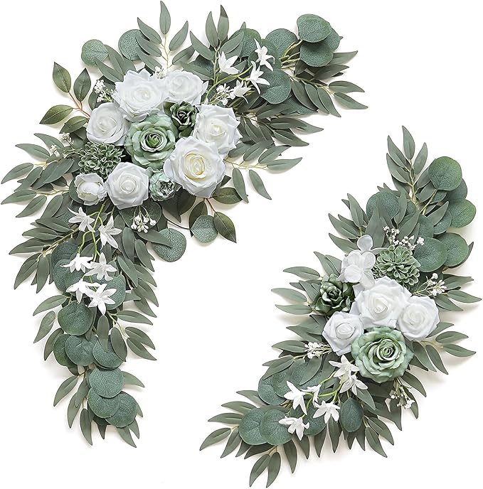 Olalaka 2-Pack Sage Green & White Wedding Flower Swag Set, Large: 35.43"L x 14.56"W, Small: 24.80"L x 12.99"W, Artificial Flowers for Wedding Arch, Ceremony, Table Centerpieces, Wall Hanging