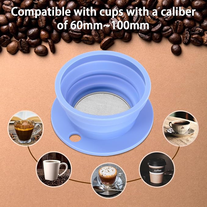 2-Packs Paperless Collapsible Travel Pour Over Coffee Dripper Kit Portable Coffee Filter - Travel Pour Over Coffee Maker Camping - Reusable Coffee Strainer Pour Over Cup (Blue+Green)