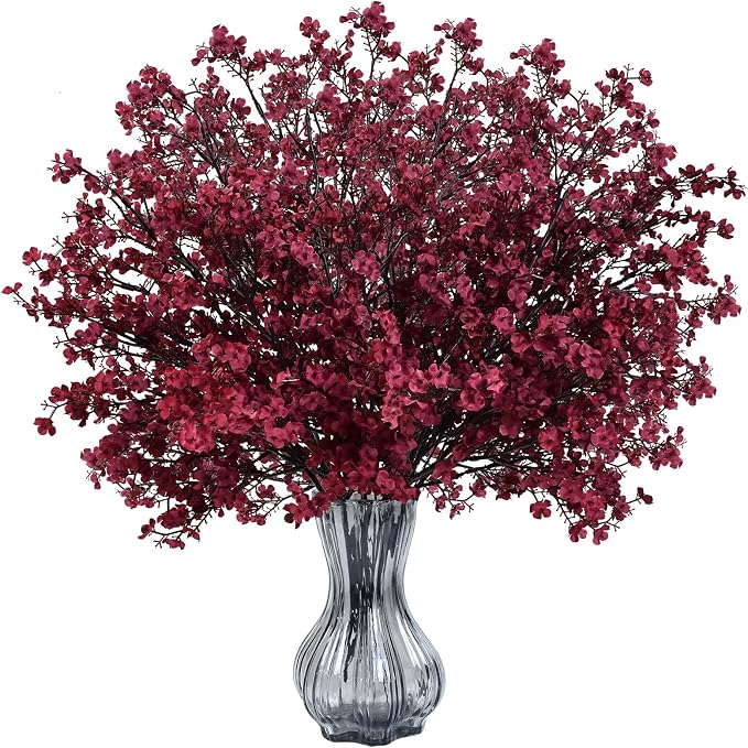 Waipfaru 15Pcs Fake Flowers Babys Breath Silk Artificial Flowers Gypsophila Bouquets Bulk Real Touch Fall Stems for Fall Thanksgiving Autumn DIY Floral Arrangement Table Centerpieces, Wine Red