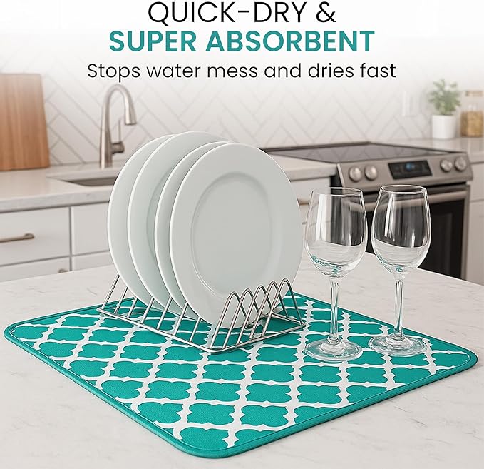 Dish Drying Mat for Kitchen Counter - 18 x 14 Inch Large Super Absorbent Microfiber Dish Drying Pad, Machine Washable Quick Dry Under Dish Rack Mat, Counter Protector for Dishes Pots Pans, Coffee Bar