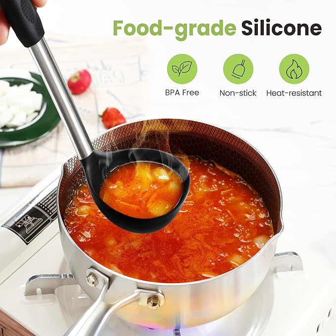 Large Cooking Utensils Set, 35 Pcs Silicone Kitchen Utensils Set with Holder, Stainless Steel Handle Spatula Set, Heat Resistant Food Grade Silicone Kitchen Gadgets for Non-stick Cookware (Black)