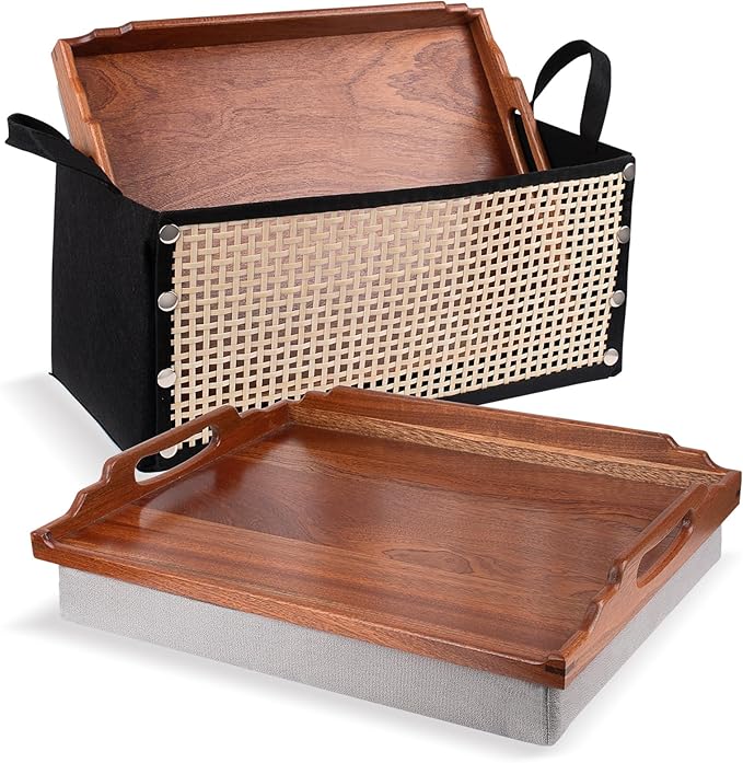 DRELIFAM Lap Desk with Cushion,Wooden Bed Tray Table for Eating,Lap Tray in Recliner,Breakfast Tray,TV Dinner Bed Food Trays (2 Sapele Wood with 1 Basket)