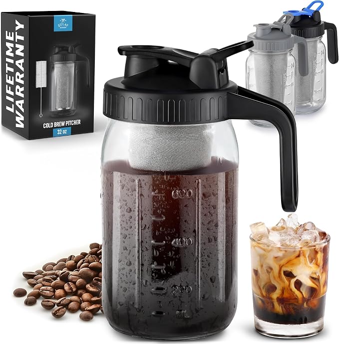 Zulay Premium Cold Brew Coffee Maker - 32oz Mason Jar With Leak-Proof Lid & Extra-Thick Glass - Fine-Mesh Stainless Steel Filter For Smooth Cold Brew & Iced Tea - Black