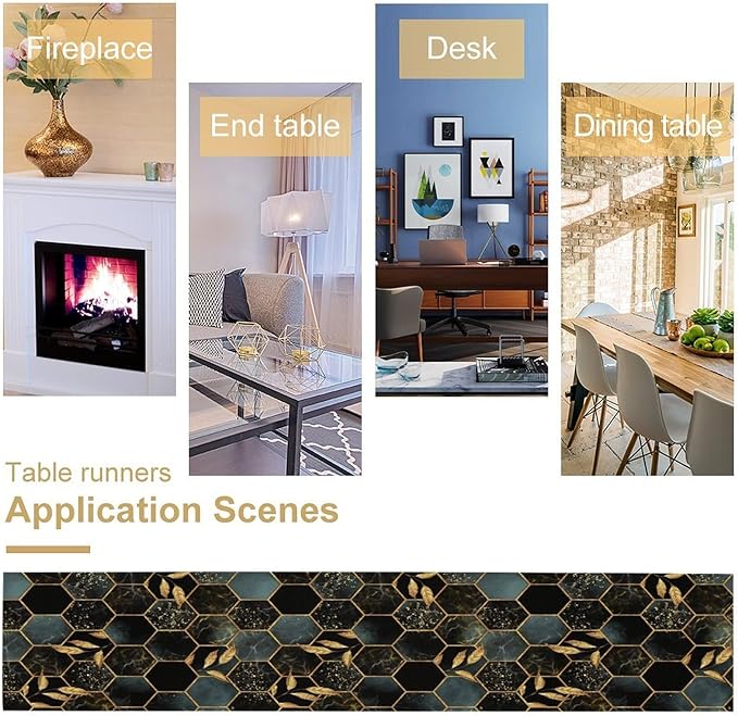 Marble Table Runner, Black and Gold Abstract Geometry Hexagon Modern Luxury Texture Printed Linen Table Runners for Home Farmhouse Kitchen Dining Room Party Holiday Decor 13" W x 60" L