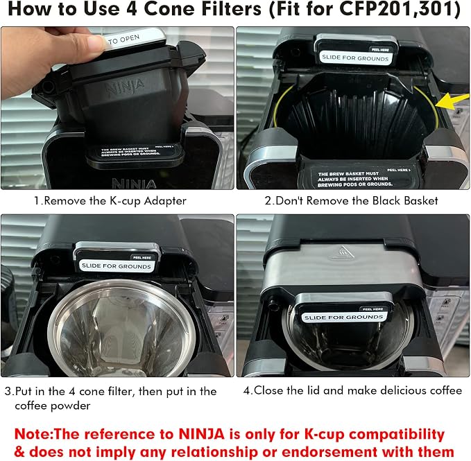 Stainless Steel Reusable Coffee Filter Compatible with Coffee Maker, Reusable Coffee Pods with 4 Cone Coffee Filters, Reusable Coffee Filters for Ninja CFP201 CFP300 CFP307