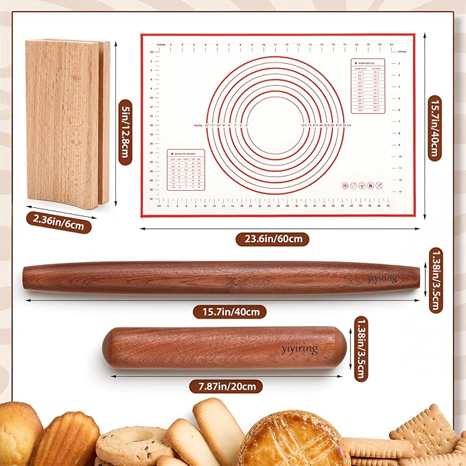4 Pcs Sapele Wood French Rolling Pin Set Tapered and Mini Wooden Rolling Pins(15.7inch, 7.8inch)with Silicone Baking Mat and Beech Wood Base for Baking Fondant Pizza Pasta Pie Crust Pastries