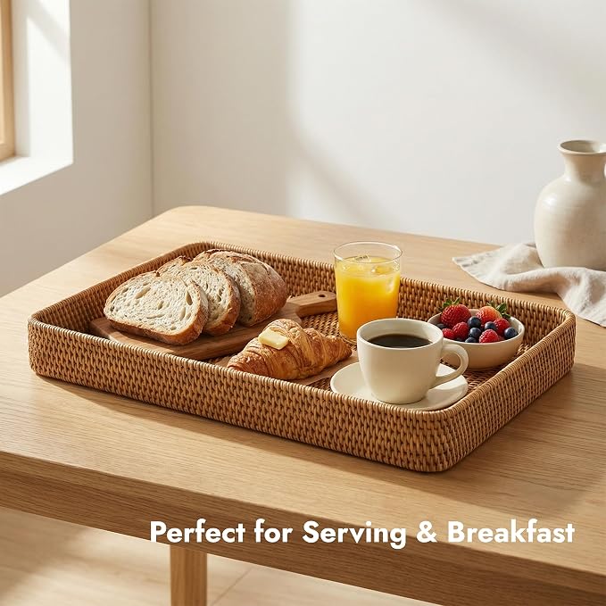 14.6" x 9.1" Large Wicker Storage Tray, Natural Rattan Basket Decorative Handwoven Rectangular Basket for Bread, Fruit, Toiletries,Towels & Home Organization (Natural M)