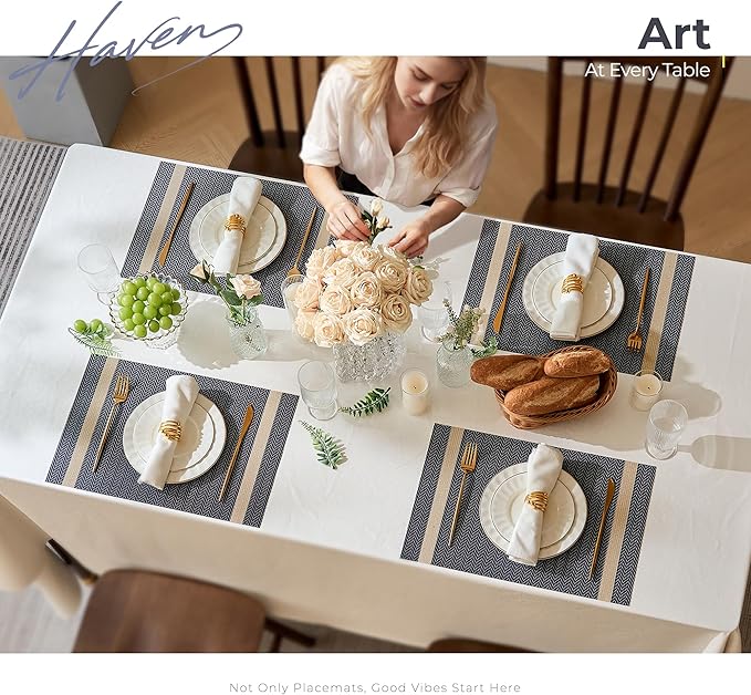 Leetaltree Dark Blue Vinyl Woven Placemats Set of 4 - Washable Dining Table Place Mats Striped, Suitable for Wedding, Anniversary, Daily Use