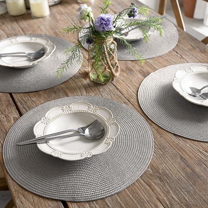 FunWheat Round Braided Placemats Set of 4 Table Mats for Dining Tables Woven Washable Non-Slip Place mats 15inch (Grey, 4pcs)