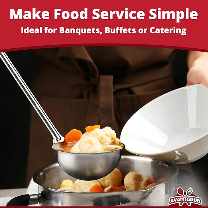 Super Sturdy, Ergonomic 6 Oz. Soup Ladle 3 Pk. Stainless Steel Ladles with Long Handles. Best Kitchen Accessories for Stirring, Portioning and Serving Soups, Chili and Stew in Restaurants and at Home