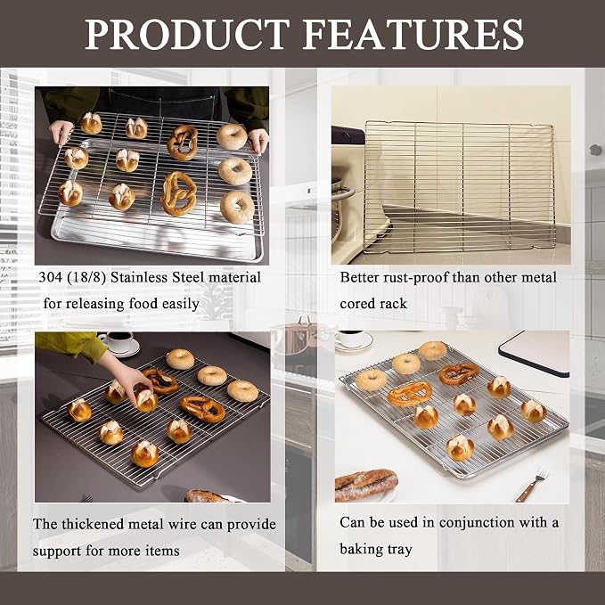 Set of 2 Large sized Cooling Racks, for Cooking, Roasting, Drying, Rust-Resistant 304 (18/8) Stainless Steel Cooling Grilling for Baking, Heavy Duty Tight-Wire, Oven safe, 23.6 x 15.7 inches