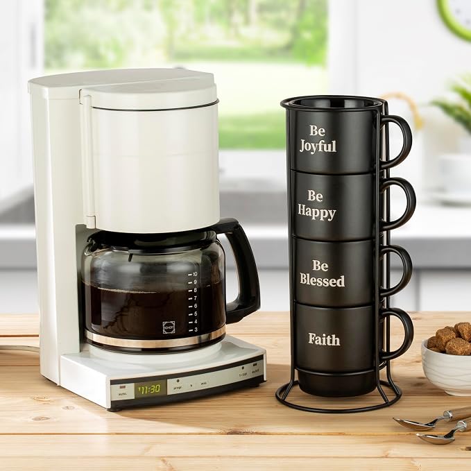 Signature Housewares Stackable Coffee Mug Tower Set with Metal Wire Rack - 15 Ounce Coffee Mugs for Coffee, Tea, Cocoa, Milk, Cappuccino, Hot Chocolate Set of 4 - Be Happy Matte Black