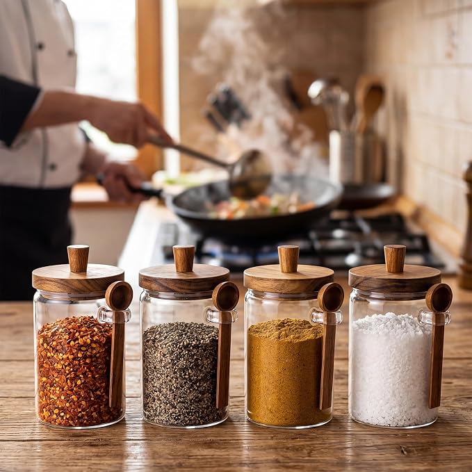 Remerry Set of 4 Glass Jar with Wooden Lid and Spoon, Clear Airtight Spice Canisters Glass Food Storage Kitchen Containers Set for Coffee Bean Tea Sugar (30 oz)