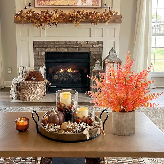 Coferset 2 Pack Fall Small Fake Plants 14" Eucalyptus Potted Artificial Plants Fall Decorations for Home Shelf Office Bathroom Desk Farmhouse Room Coffee Table Decor Fall Decor (Fall Orange-Large)