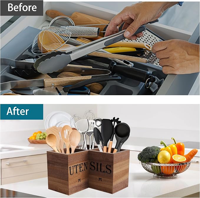 Suli Extra Large Kitchen Utensils Holder with 3 Compartments,Corner Utensil Caddy for Countertop,Acacia Wood Utensil Organizer for Kitchen Countertop, Farmhouse Decor-Acacia Brown