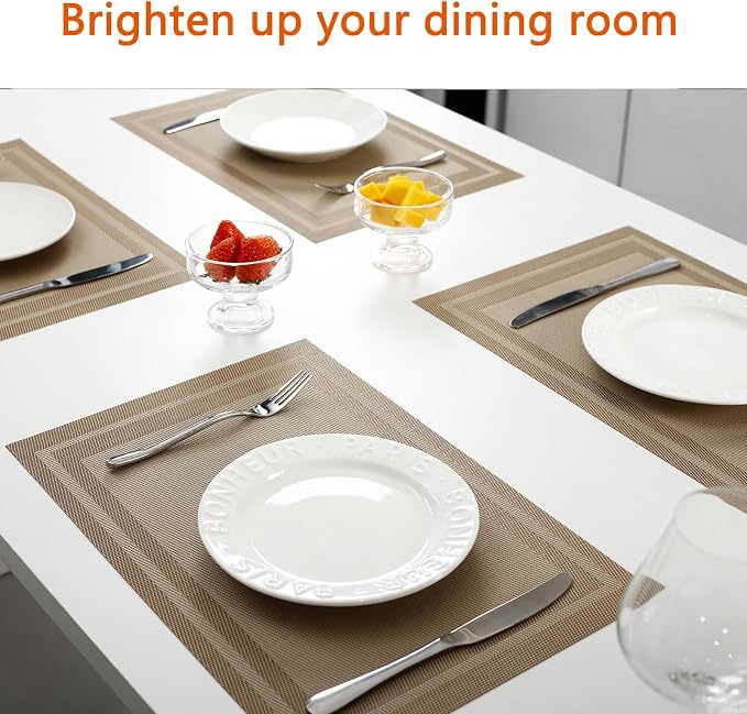 Placemats Set of 8 Washable&Wipeable Place mats for Dining Table Kitchen Indoor Outdoor Table Mats Heat Resistant Non Slip Woven Vinyl Table Placemats (Khaki，8PCS)
