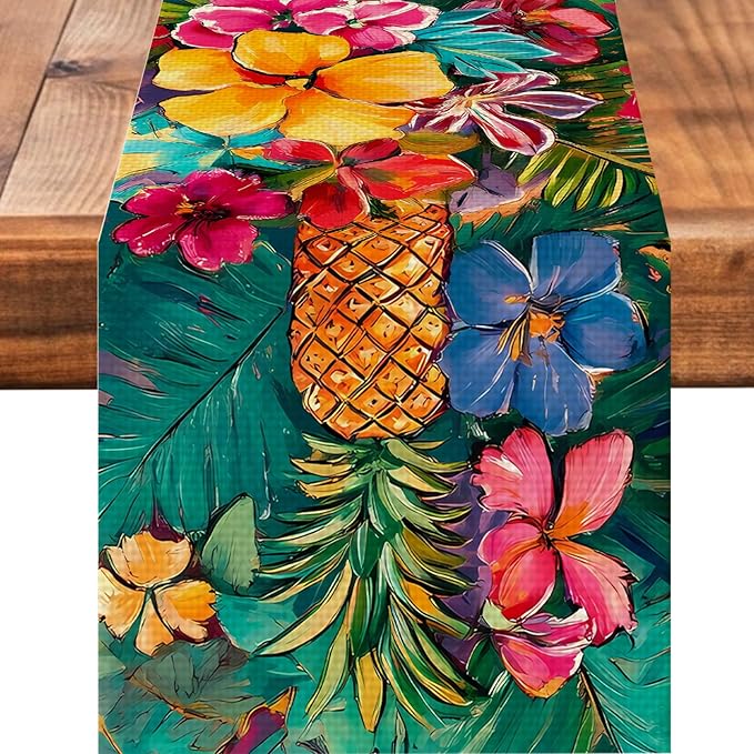 Pineapples Abstract Art Painting Burlap Table Runner Seasonal Spring Fall Kitchen Dining Linen Table Decoration for Indoor Outdoor Home Party Dinner 13x72 Inch