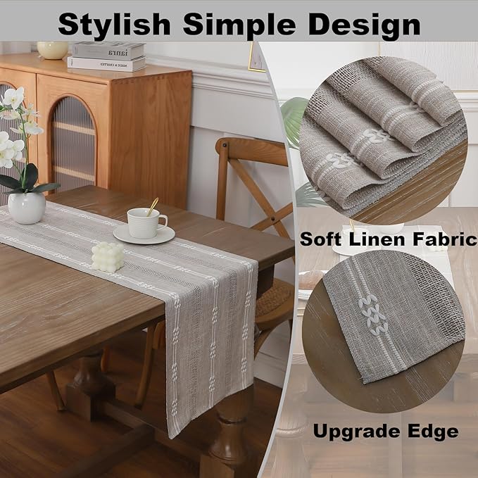 Gernaice Boho Table Runner, Embroidered Cotton Linen Farmhouse Table Runners for Dresser End Coffee Table Home Decor, 24" L X 13" W Brown