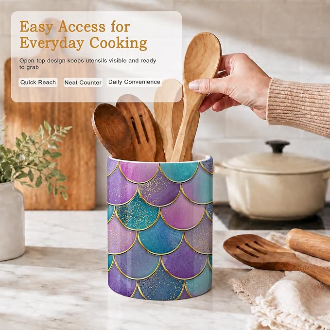 Mermaid Fish Utensil Holder for Countertop,Pink Scales Marble Ceramic Utensil Crock Organizer for Home Kitchen Spoons,Spatulas and Cooking Tools