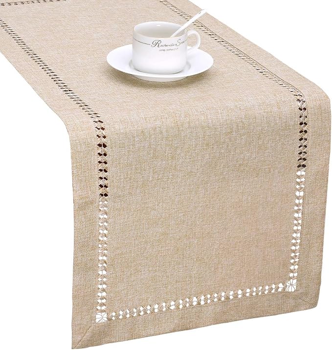 Grelucgo Handmade Hemstitch Beige Table Runner, Rectangular 14 by 90 Inch