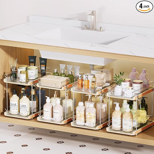 Delamu 2 Tier Under Sink Organizer Bathroom, Bathroom Cabinet Organizer with Snap-Lock Design and Hooks, Pull Out Storage with Movable Dividers, for Countertop, Kitchen and Pantry (White, 2 Pack)