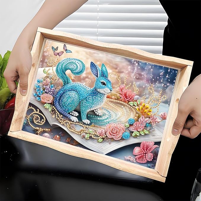 DIY Diamond Serving Tray Diamond Art Painting Creative Design Handmade Wooden Tray Dinner Plate for Coffee Breakfast Home Organizer-Blue Rabbit