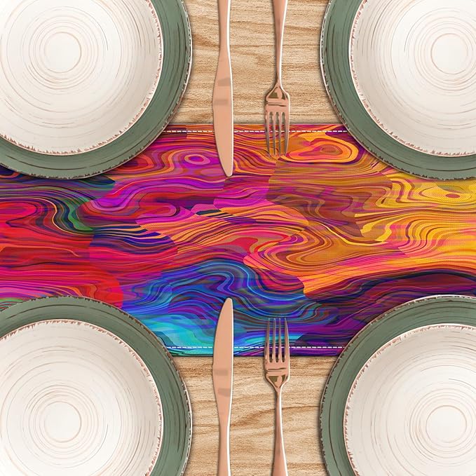 Abstract Table Runner 13x36 Inch Colorful Chaotic Waves Table Runners Table Decorations Rustic Coffee Table Runner for Home Kitchen Dining Room Party (13"x36", Colorful Chaotic Waves)