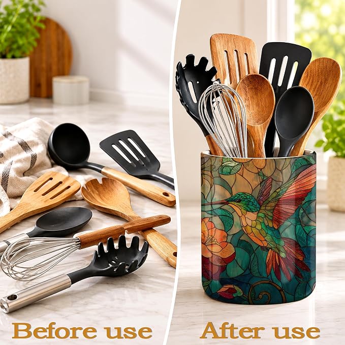Hummingbird Kitchen Utensil Holder,Vintage Flowers Large Ceramic Utensil Crock Organizer for Spatulas,Spoons and Cooking Tools,Kitchen,Home Decoration 6.3"