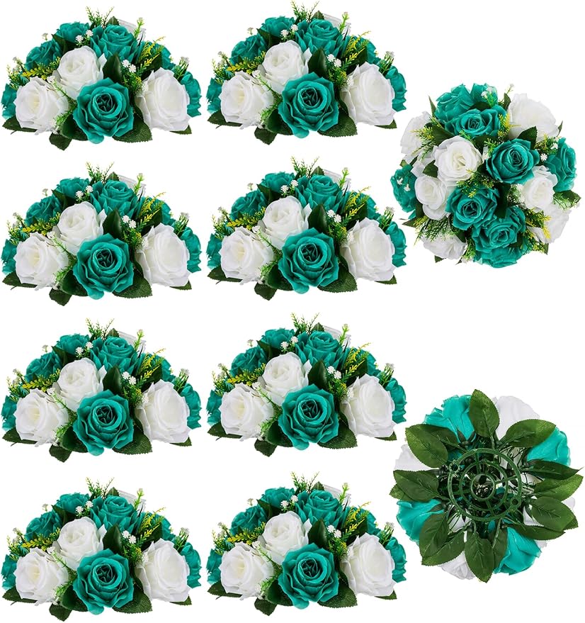 BLOSMON Flower Ball Centerpieces for Wedding: 10 Pcs Teal White Fake Roses Flowers Artificial for Table - Silk Kissing Bouquet Floral Arrangement Center for Home Party Event Decor | Artificial Floral Arrangement for Table - Faux Silk Kissing Bouquet wi...
