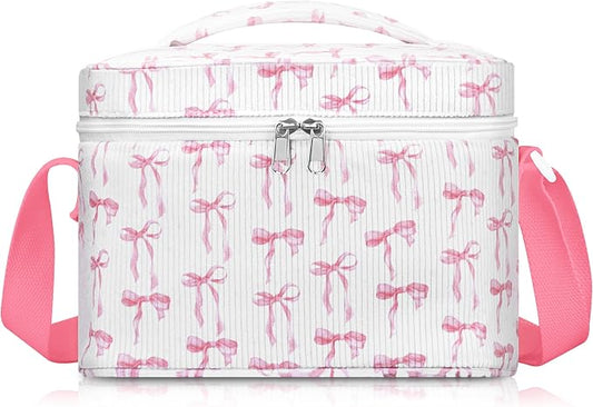 TESAFNG Insulated Lunch Bag for Women, Cute Corduroy Reusable Lunch Box for Adult, Leakproof Cooler Bag for Work Office Travel Picnic, Lunch Tote Bag with Adjustable Shoulder Strap (Pink Bow)
