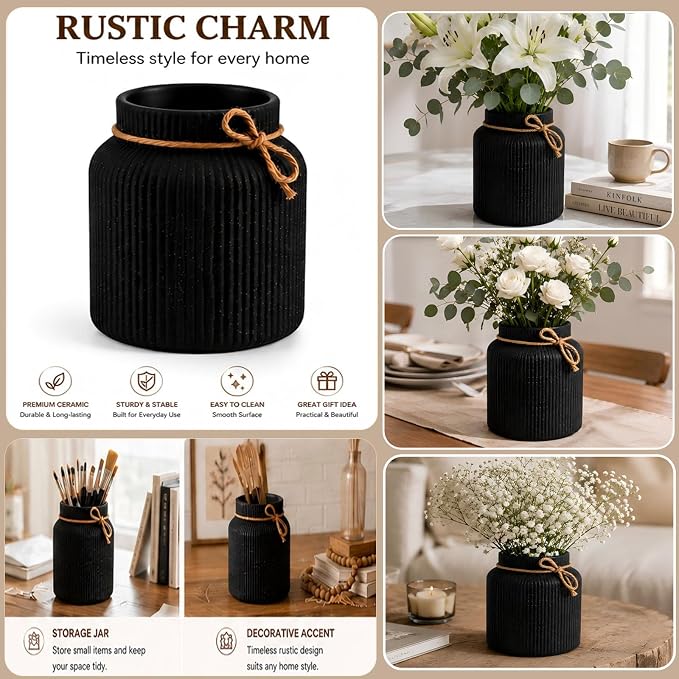 Farmhouse Ceramic Kitchen Utensil Holder for Countertop,Retro Country-Style Vertical-Striped Hemp Rope Design,Modern Kitchen Counter Organizer for Cooking Utensils ,Kitchen Decor & Decorative Vase