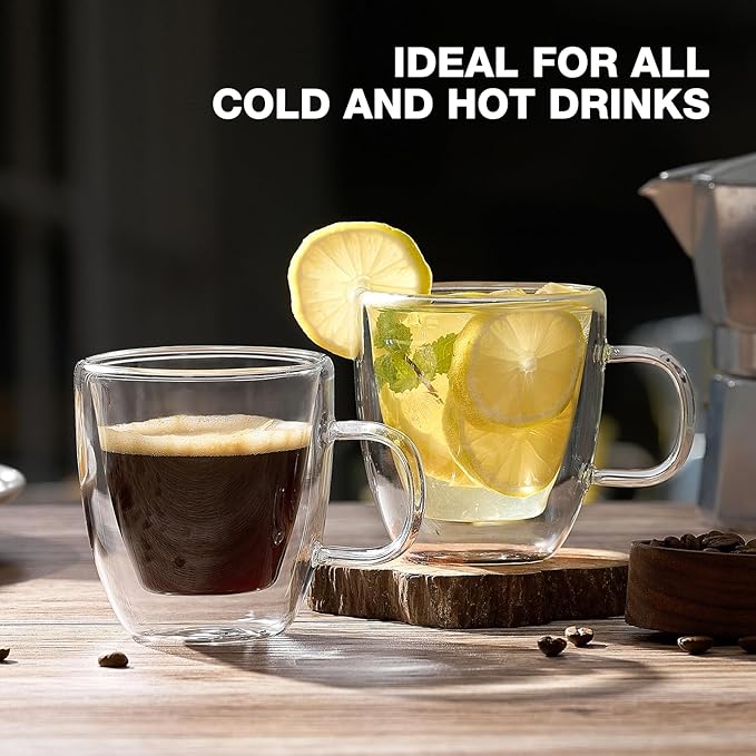 Mfacoy Glass Double Wall Insulated Espresso Cups (Set of 2), 5.4 oz Shots Cup with Handle, Insulated Glasses Mugs, Small Coffee Cups, Shot Glass