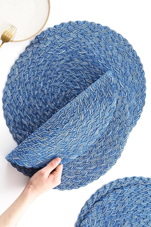 Floroom 15 Inch Round Braided Placemats Set of 4, Washable Heat Resistant Cotton Polyester Circle Boho Place Mats for Kitchen Dining Table - Seascape Blue