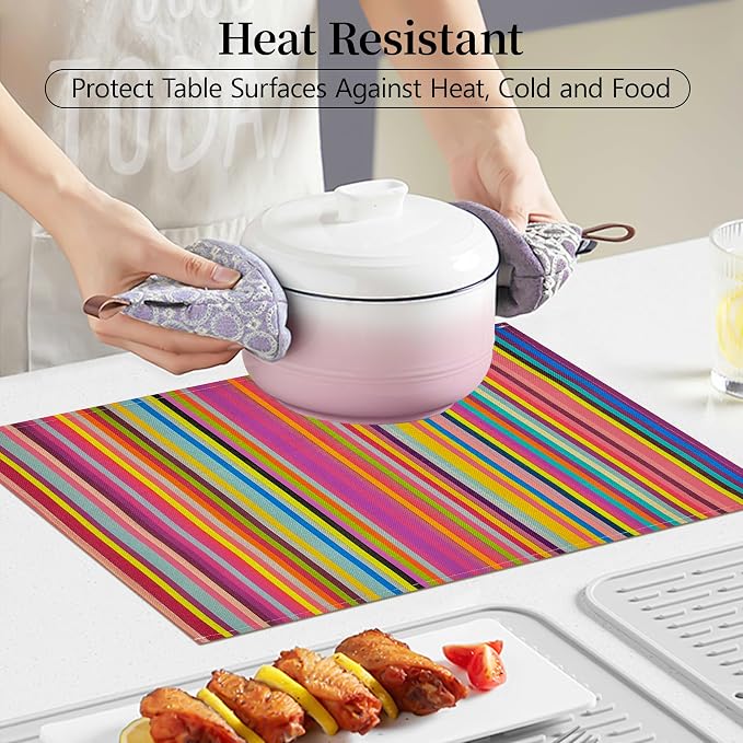Bloss Mexican Placemats Set of 4, Linen Woven Rainbow Place Mats for Kitchen Table Indoor/Outdoor, 12" x 18" Washable Placemat Dining Table Mats