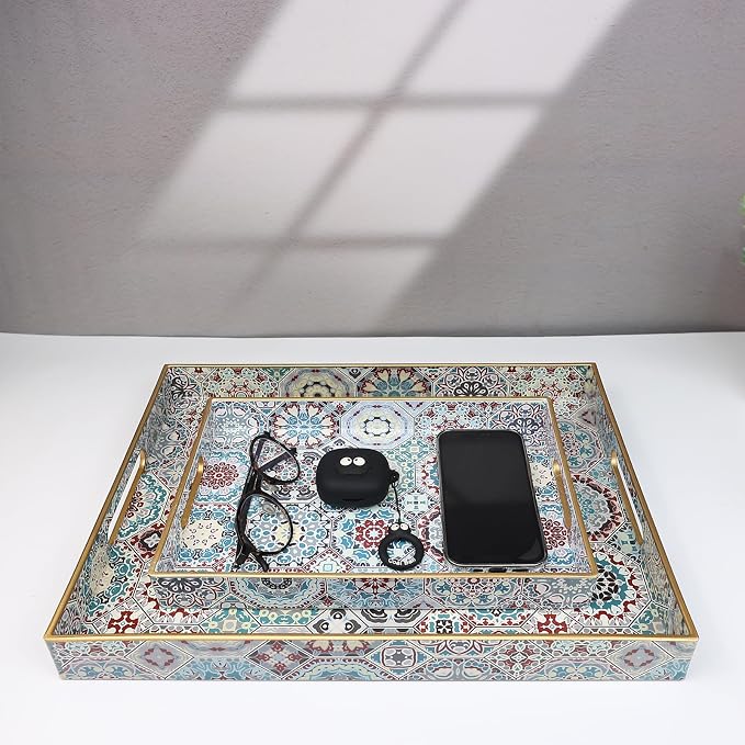 Spsyrine Decorative Serving Tray with Handles, Lacquered Coffee Table Tray for Ottoman, Rectangular Waterproof Platters for Centerpieces, Parties, Living Room, Kitchen Counter Organization SP3040RE2