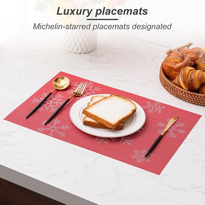 CADONO Placemats Set of 6 Washable Indoor/Outdoor Vinyl Place Mats for Dining Table Durable Non-Slip Heat Resistant PVC Weave Table Mats（Christmas Snow-Red）